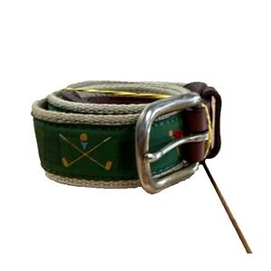 YRI Green Golf Woven Cotton Canvas Leather Brass VINTAGE Belt Size 44